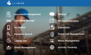 List of SKYSITE Projects features including: Document Management, Unlimited Storage, Go Mobile, Powerful Search, Latests Set, Email Management, Markup, RFI Administration, Submittals, Punch List Management, Photo Management, and Activity Tracking