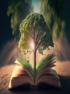 book opened on ground with tree pop out from the page, reduce an