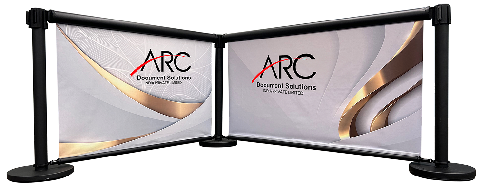 ARC Display Stand with double-sided graphic panels and black powder-coated steel frame