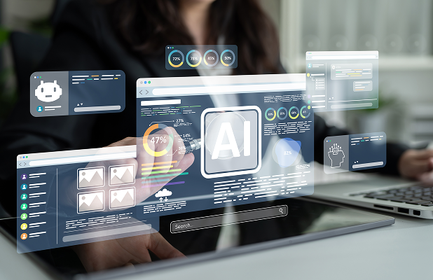Holographic AI interfaces and data visualizations overlaid on a laptop keyboard
