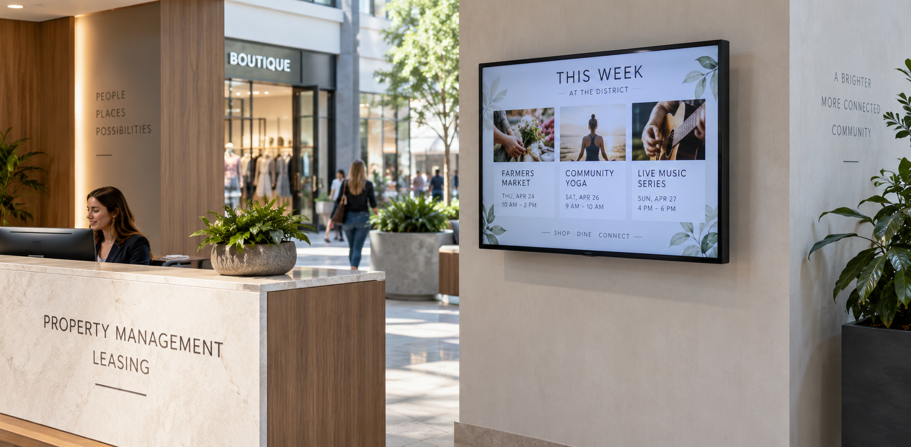 Small wall-mounted digital signage screen displaying community events beside a retail property leasing desk