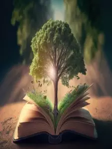 book opened on ground with tree pop out from the page, reduce an