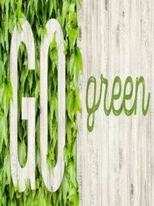 Banner with the inscription go green on a background of boards and green leaves